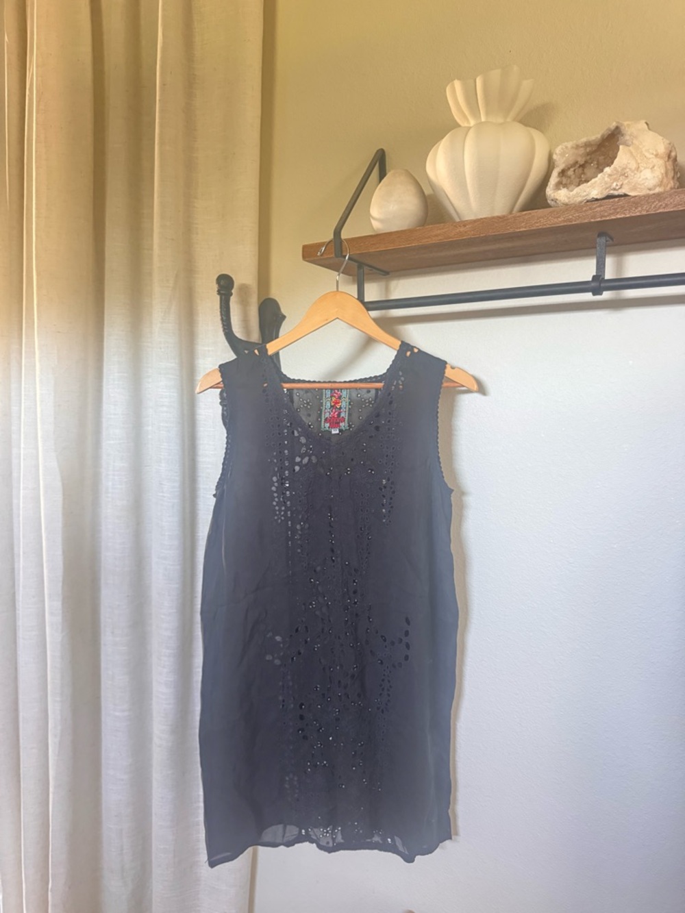 Johnny Was Size XS Black Eyelet Mini Shift Dress Boho Luxury